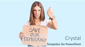  Presentation with democracy - Colorful presentation design enhanced with young-beautiful-blonde-woman-holding backdrop and a sky blue colored foreground