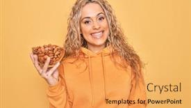  Presentation with almonds - Colorful presentation design enhanced with young-beautiful-blonde-woman-holding backdrop and a yellow colored foreground