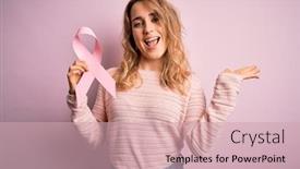  Presentation with pink ribbon hands - Amazing PPT theme having young-beautiful-blonde-woman-holding backdrop and a soft green colored foreground