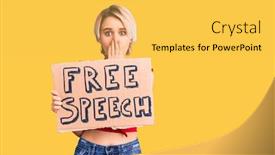  Presentation with free speech - Cool new presentation theme with young-beautiful-blonde-woman-holding backdrop and a yellow colored foreground