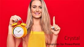  Presentation with vintage clock - Slide deck enhanced with young-beautiful-blonde-woman-holding background and a dark gray colored foreground