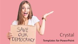  Presentation with democracy - Amazing PPT layouts having young-beautiful-blonde-woman-holding backdrop and a coral colored foreground