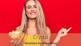  Presentation with potato chips - Slide deck consisting of young-beautiful-blonde-woman-holding background and a coral colored foreground