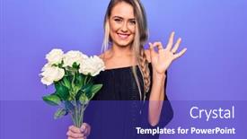  Presentation with purple flowers - Amazing presentation design having young-beautiful-blonde-woman-holding backdrop and a royal blue colored foreground