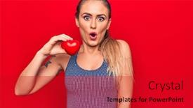  Presentation with blonde holding magnifying glass - Presentation design enhanced with young-beautiful-blonde-woman-holding background and a crimson colored foreground