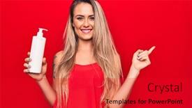  Presentation with lotion - Presentation design featuring young-beautiful-blonde-woman-holding background and a crimson colored foreground