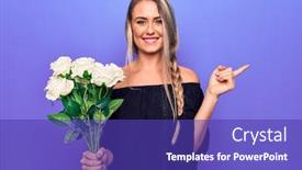  Presentation with hand holding flowers - Beautiful PPT theme featuring young-beautiful-blonde-woman-holding backdrop and a violet colored foreground