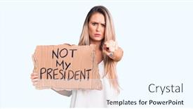  Presentation with president - Audience pleasing PPT theme consisting of young-beautiful-blonde-woman-holding backdrop and a cool aqua colored foreground