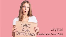  Presentation with democracy - Colorful PPT theme enhanced with young-beautiful-blonde-woman-holding backdrop and a coral colored foreground