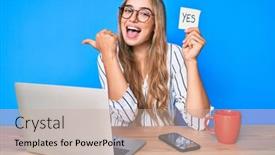  Presentation with yes - Cool new theme with young-beautiful-blonde-woman-holding backdrop and a mint green colored foreground