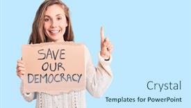 Presentation with democracy - Audience pleasing slide set consisting of young-beautiful-blonde-woman-holding backdrop and a cool aqua colored foreground
