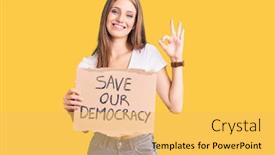  Presentation with democracy - Slides enhanced with young-beautiful-blonde-woman-holding background and a yellow colored foreground