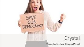  Presentation with democracy - Amazing slide deck having young-beautiful-blonde-woman-holding backdrop and a sky blue colored foreground