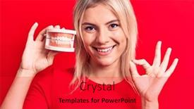  Presentation with denture - Colorful presentation design enhanced with young-beautiful-blonde-woman-holding backdrop and a red colored foreground