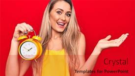  Presentation with vintage clock - Presentation design consisting of young-beautiful-blonde-woman-holding background and a crimson colored foreground