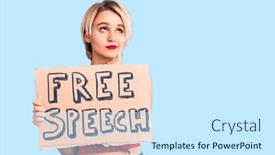  Presentation with free speech - Beautiful PPT layouts featuring young-beautiful-blonde-woman-holding backdrop and a cool aqua colored foreground