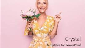  Presentation with hand holding flowers - Amazing PPT theme having young-beautiful-blonde-woman-holding backdrop and a lemonade colored foreground