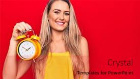  Presentation with vintage clock - Presentation design consisting of young-beautiful-blonde-woman-holding background and a dark gray colored foreground