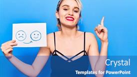  Presentation with happy sad mask face - Slide deck having young-beautiful-blonde-woman-holding background and a ocean colored foreground