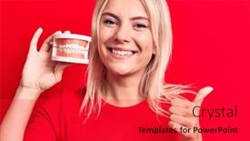  Presentation with denture - Amazing presentation having young-beautiful-blonde-woman-holding backdrop and a red colored foreground