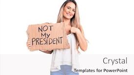  Presentation with president - Beautiful presentation theme featuring young-beautiful-blonde-woman-holding backdrop and a white colored foreground