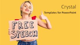  Presentation with free speech - Slides having young-beautiful-blonde-woman-holding background and a yellow colored foreground