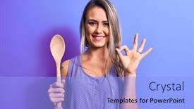  Presentation with friendly - Presentation design featuring young-beautiful-blonde-woman-holding background and a light blue colored foreground