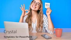  Presentation with yes - PPT theme featuring young-beautiful-blonde-woman-holding background and a coral colored foreground