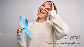  Presentation with blue ribbon - Colorful PPT theme enhanced with young-beautiful-blonde-woman-holding backdrop and a soft green colored foreground