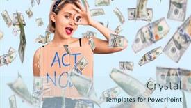  Presentation with now - Presentation theme featuring young-beautiful-blonde-woman-holding background and a sky blue colored foreground