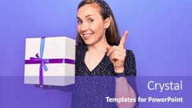  Presentation with happy birthday - Cool new slide deck with young-beautiful-blonde-woman-holding backdrop and a cobalt blue colored foreground