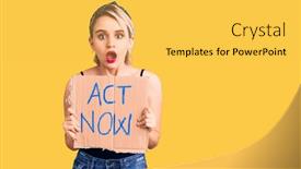  Presentation with now - Beautiful slides featuring young-beautiful-blonde-woman-holding backdrop and a yellow colored foreground