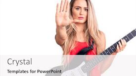  Presentation with electric guitar - PPT theme having young-beautiful-blonde-woman-playing background and a white colored foreground