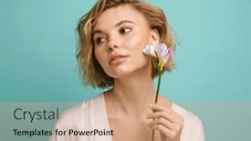  Presentation with blue flower - Presentation theme enhanced with young-beautiful-blonde-woman-posing background and a coral colored foreground