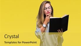  Presentation with reading and writing - Amazing PPT layouts having young beautiful blonde woman reading backdrop and a  colored foreground
