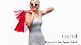  Presentation with sales - Beautiful PPT theme featuring young beautiful blonde woman shopping holding shopping bags on sales over isolated background with surprise face pointing finger to himself backdrop and a white colored foreground