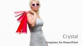  Presentation with sales - PPT theme with young beautiful blonde woman shopping holding shopping bags on sales over isolated background with a confident expression on smart face thinking serious background and a white colored foreground