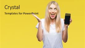  Presentation with winner - Presentation theme featuring young beautiful blonde woman showing background and a yellow colored foreground