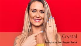  Presentation with engagement - Beautiful slide set featuring young-beautiful-blonde-woman-showing backdrop and a coral colored foreground