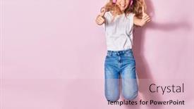  Presentation with listening woman - PPT theme enhanced with young-beautiful-blonde-woman-smiling background and a lemonade colored foreground