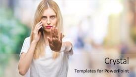  Presentation with defense - Presentation theme having young beautiful blonde woman talking background and a  colored foreground