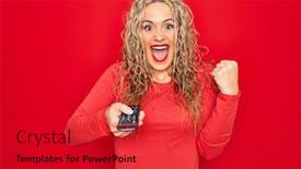  Presentation with television - Presentation design enhanced with young-beautiful-blonde-woman-using background and a red colored foreground