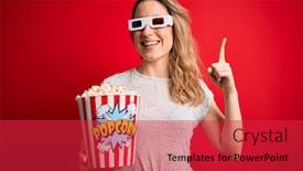  Presentation with movie popcorn - Cool new slide deck with young-beautiful-blonde-woman-watching backdrop and a red colored foreground