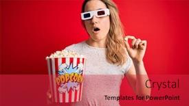  Presentation with movie popcorn - PPT theme featuring young-beautiful-blonde-woman-watching background and a red colored foreground