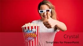  Presentation with movie popcorn - Slide set featuring young-beautiful-blonde-woman-watching background and a red colored foreground