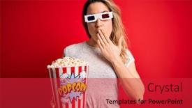  Presentation with popcorn movie - Presentation theme with young-beautiful-blonde-woman-watching background and a red colored foreground