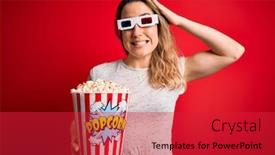  Presentation with popcorn movie - Colorful presentation theme enhanced with young-beautiful-blonde-woman-watching backdrop and a red colored foreground