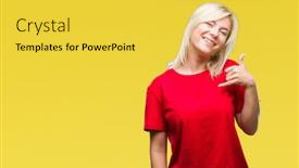  Presentation with red telephone - Beautiful PPT layouts featuring young beautiful blonde woman wearing red t-shirt over isolated background smiling doing phone gesture with hand and fingers like talking on the telephone communicating concepts backdrop and a yellow colored foreground