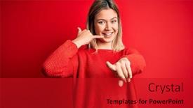  Presentation with red telephone - PPT theme enhanced with young-beautiful-blonde-woman-wearing background and a crimson colored foreground