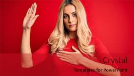 Presentation with hand palm - Cool new PPT theme with young-beautiful-blonde-woman-wearing backdrop and a crimson colored foreground